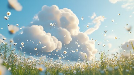 Serene field of daisies with fluffy clouds under blue sky