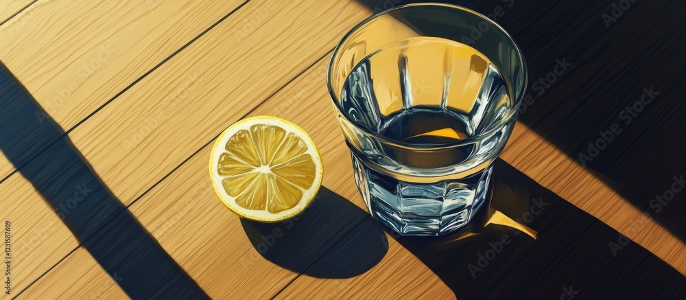 Poster glass of clear water with lemon slice placed on wooden surface casting shadows in warm sunlight high