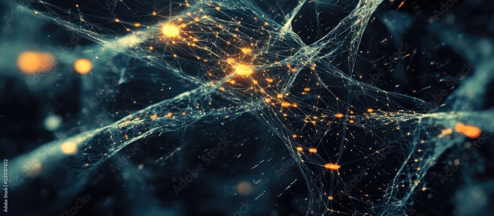 Poster Abstract blockchain network visualization featuring intricate glowing connections in blue and orange against a dark background, highlighting complexity and structure.