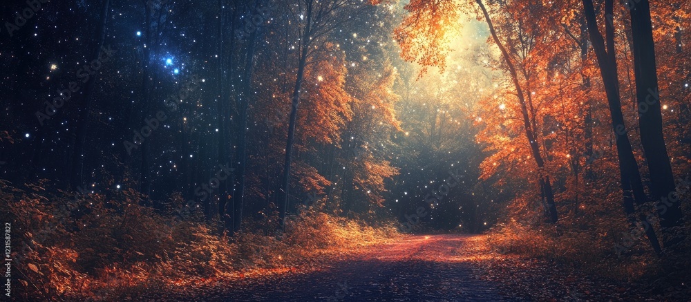 Aufkleber enchanting autumn forest scene with glowing orange leaves and a starlit sky above, creating a magica