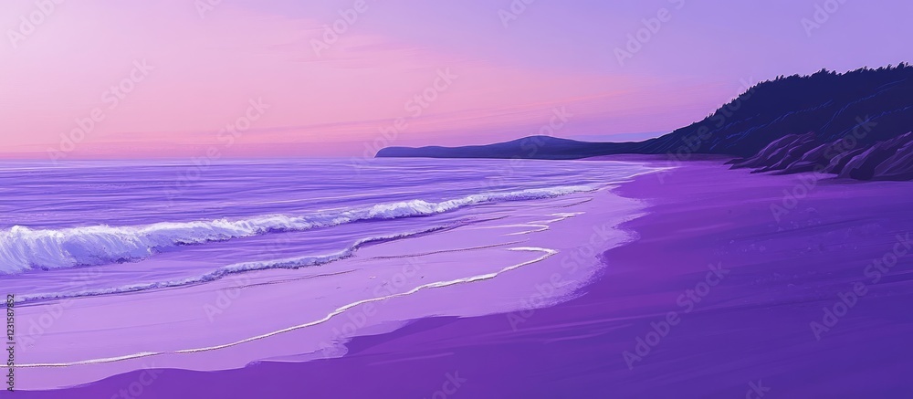 Poster vibrant purple beach scene at sunset with gentle waves lapping shore mountain silhouette in backgrou