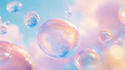 Naklejka premium Ethereal, colorful bubbles floating against dreamy pastel sky