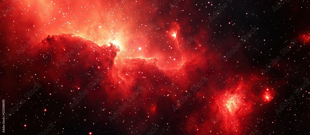 Poster cosmic red nebula scene with vibrant luminous light rays and stardust formations against a dark back