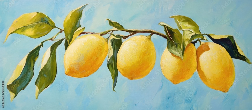 Aufkleber ripe lemons hanging on a branch against a soft pastel blue background creating a fresh and vibrant c