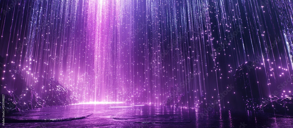 Aufkleber Vibrant purple auroras cascade down in vertical streams, creating a mystical atmosphere over a tranquil water surface, illuminated by soft glows.