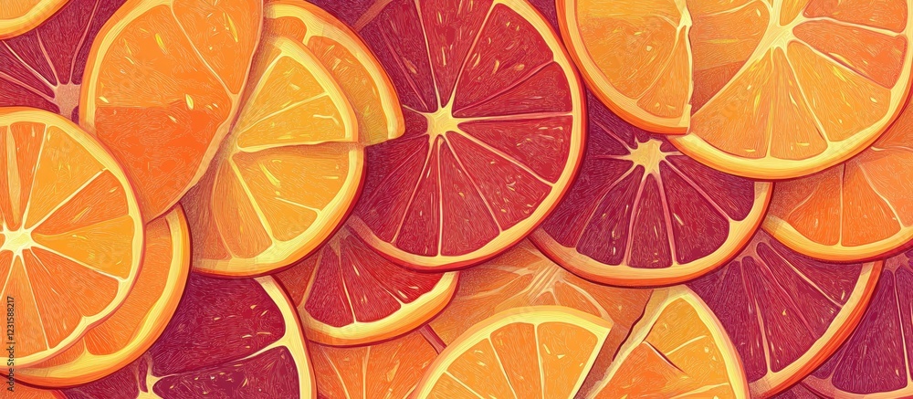 Poster vibrant orange and red citrus slices layered, creating a lively food texture background with fresh, 