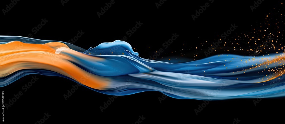 Poster vibrant flowing streams of blue and orange pigments on a black background create a dynamic, colorful