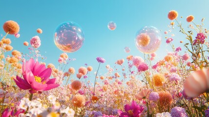 Vibrant field of colorful flowers and floating bubbles under clear sky
