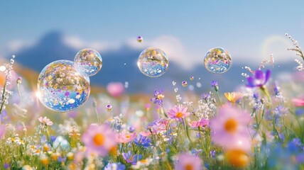 Ethereal bubbles float over vibrant wildflower meadow under clear blue sky