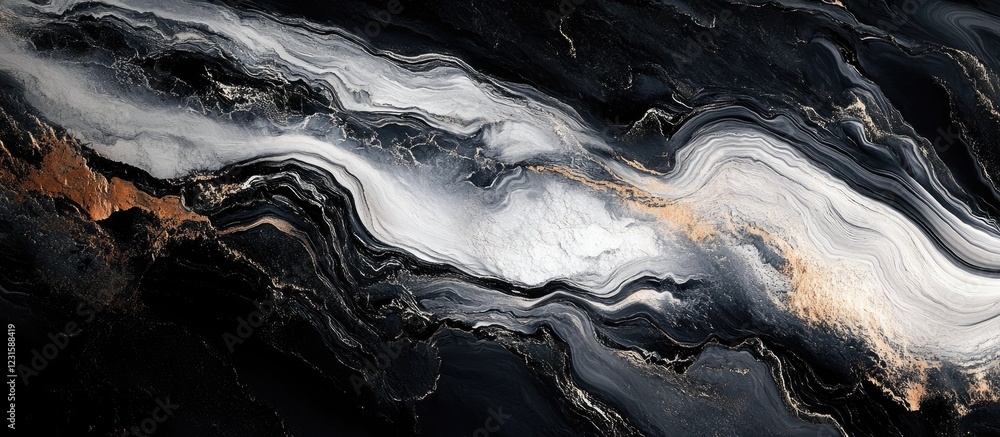 Poster dark marble texture featuring polished black, white, and silver tones with flowing patterns, ideal f