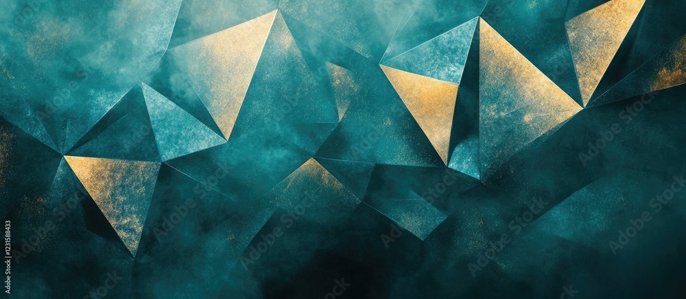 Poster teal and gold mesh design background with textured triangles arranged dynamically to create an elega