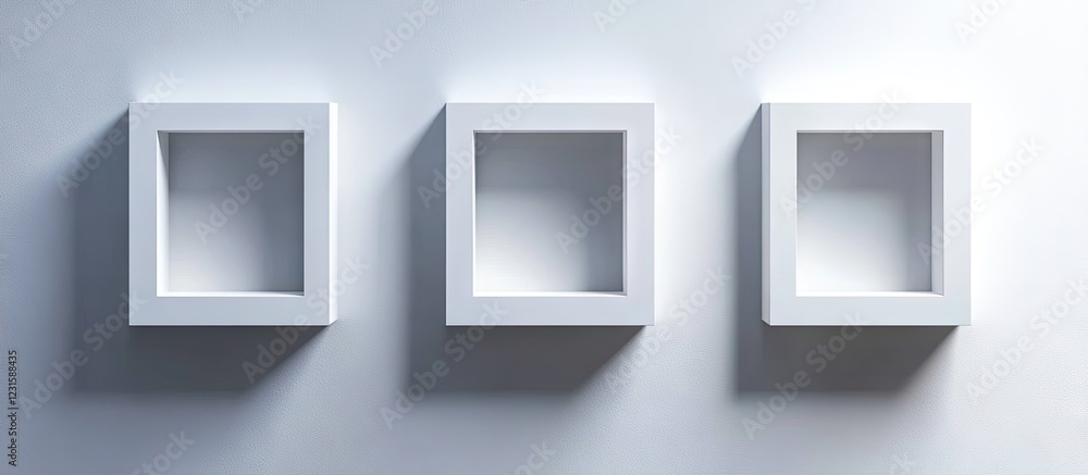 Poster three white three-dimensional squares arranged in a row against a light gray background casting soft