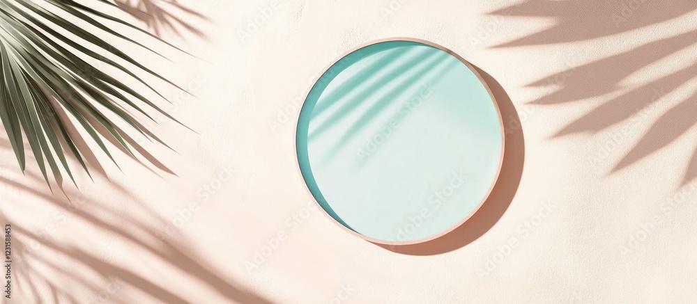 Aufkleber Minimalist round mirror reflecting soft colors with palm leaf shadows on a light pink wall, creating a serene and tropical ambiance.