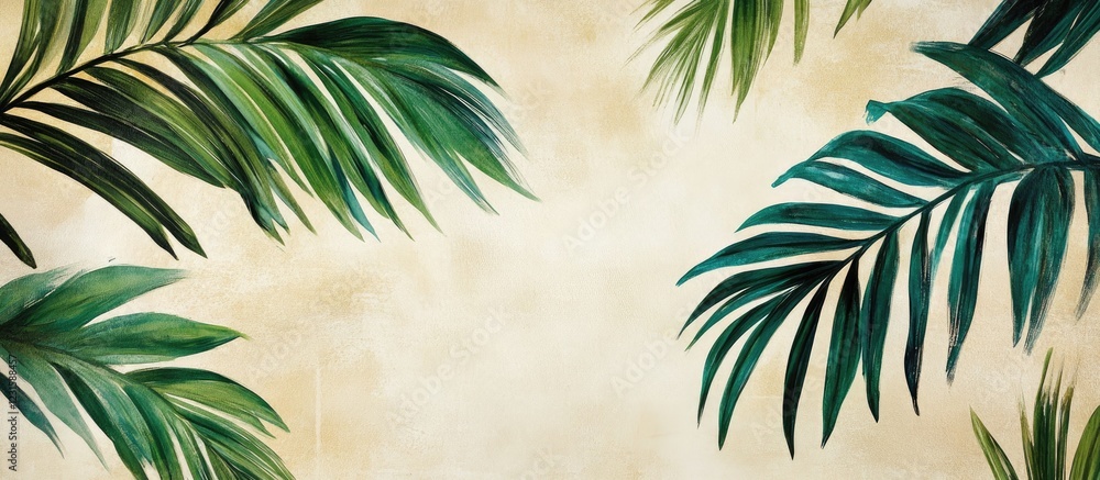 Poster tropical green palm leaves on a soft beige background framing the image, creating a serene and natur