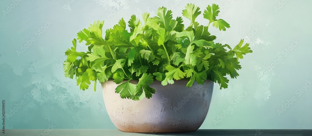 Aufkleber fresh green coriander in a white pot placed centrally against a soft gradient background emphasizing