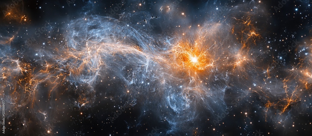 Poster Cosmic abstract representation of theoretical physics featuring dark blues, shimmering golds and swirling nebulae capturing the universe's complexity