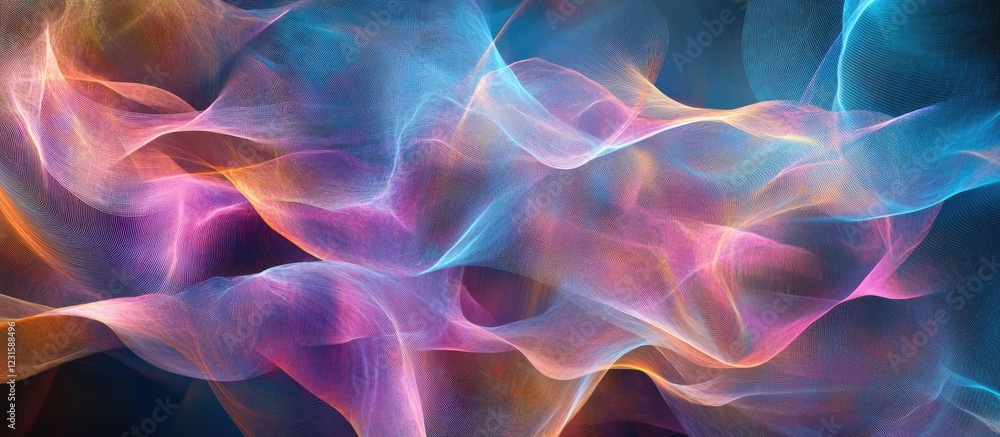 Poster abstract fluid waves of blue, pink, and orange intertwining in a dynamic display, symbolizing innova