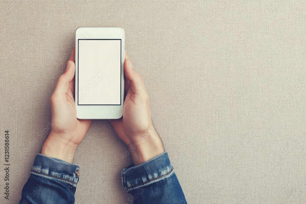 Aufkleber hands holding a blank smartphone on a textured surface, ideal for displaying content or app mockups 
