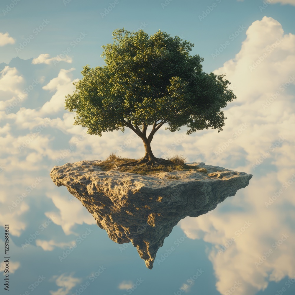 Poster a lone tree on a floating island surrounded by clouds, creating a surreal and dreamlike atmosphere.
