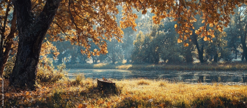 Poster serene autumn meadow with golden leaves and soft natural light reflecting on calm water in the foreg