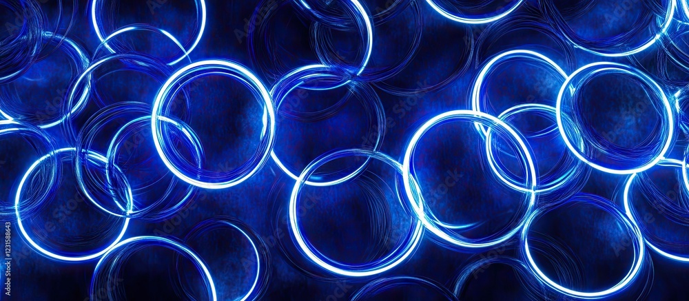 Aufkleber Dynamic abstract design featuring bright blue neon circles and ovals scattered against a dark background creating a captivating visual contrast.
