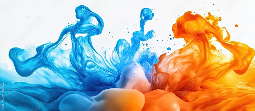 Poster vibrant swirling blue and orange pigments blend beautifully in dynamic motion against a white backgr