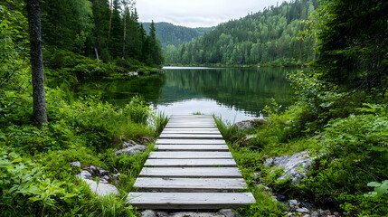 Fototapeta premium Calm lake, wooden path, forest, tranquil scene, nature escape