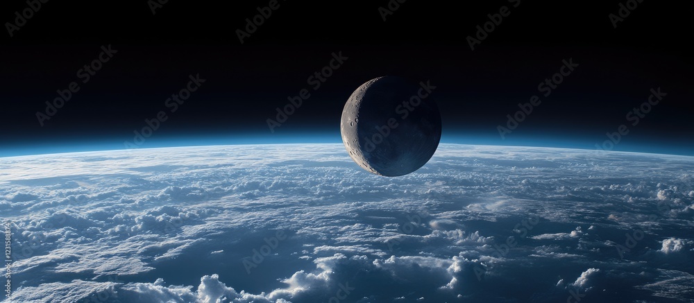 Poster crescent moon illuminated in soft gray hues positioned above a detailed earth with swirling clouds a