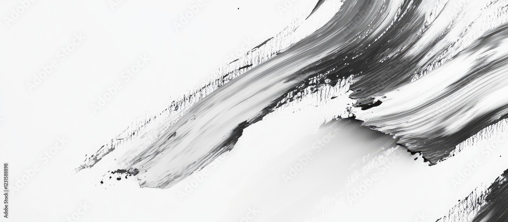 Poster abstract gray and white paint strokes on a clean white background showcasing dynamic brushwork with 