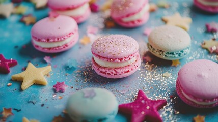 Colorful macarons with sprinkles and star-shaped decorations