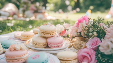 Colorful macarons on picnic blanket with pink flowers and vibrant greenery