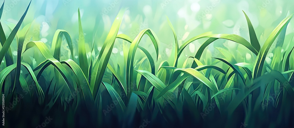 Poster vibrant green summer meadow with glossy grass blades in the foreground creating a fresh and serene a