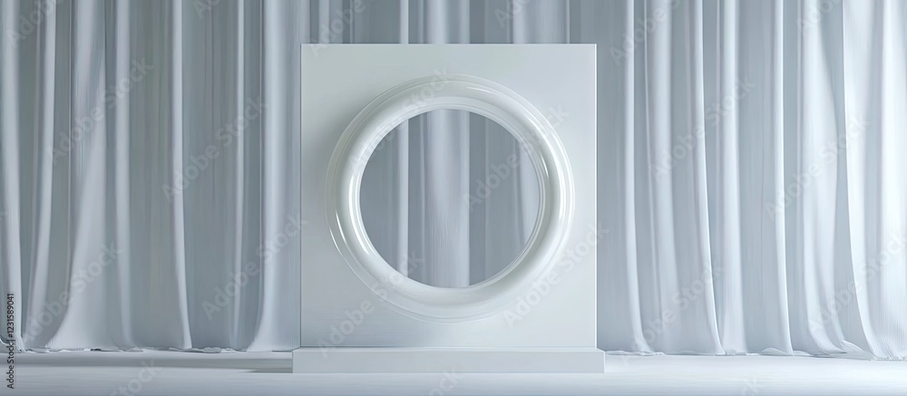 Fototapete Minimalist 3D geometric display featuring a white circular frame centered within a tall white backdrop of soft flowing drapes in bright lighting.