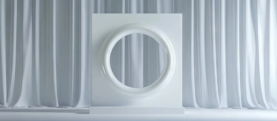 Minimalist 3D geometric display featuring a white circular frame centered within a tall white backdrop of soft flowing drapes in bright lighting.