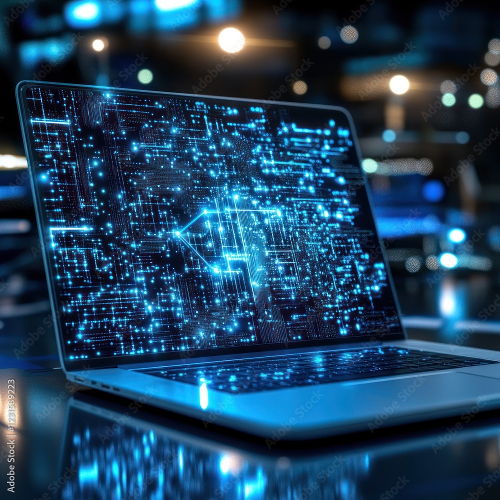 Poster laptop displaying digital network on surface with blurred lights in the background, used for technol