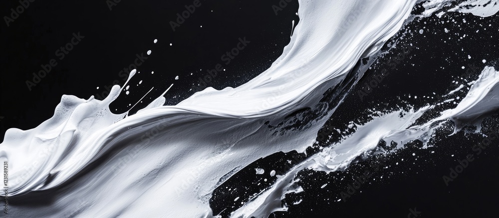 Aufkleber Elegant white paint splash on a deep black background, flowing gracefully from left to right, creating dynamic movement and visual contrast.