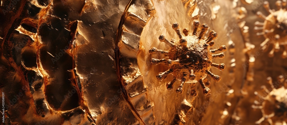 Poster Golden cell wall with intricate textures in the foreground, featuring a detailed virus particle on a shimmering background of warm golden tones.