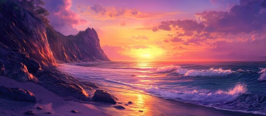 Vibrant seascape illustration showcasing a majestic sunset over the ocean with purple and orange hues reflecting on tranquil waves near the shore