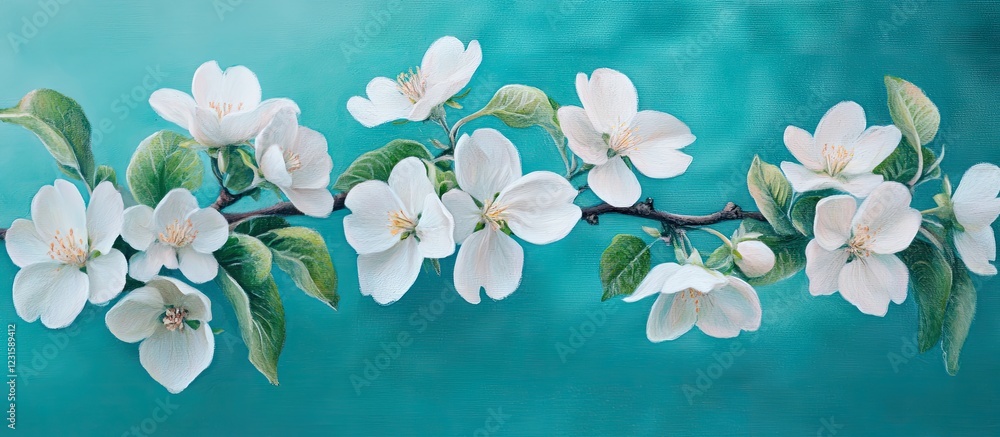 Poster delicate white cherry blossom branch against a soft turquoise backdrop with gentle green leaves, cre