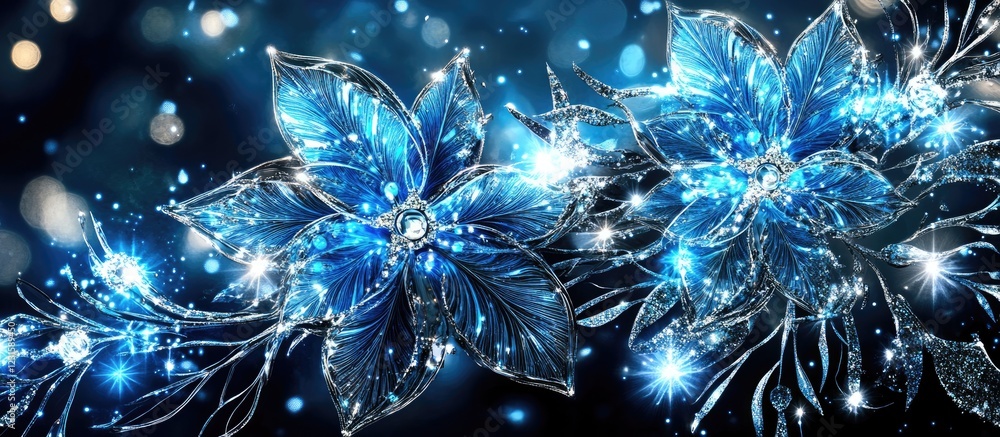 Poster Luminescent blue and shimmering silver flowers with sparkling details create a captivating display on a deep blue background, evoking elegance and beauty.