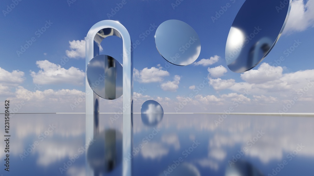 Poster 3d illustration of abstract minimal architecture background, geometric architectural with chrome or 