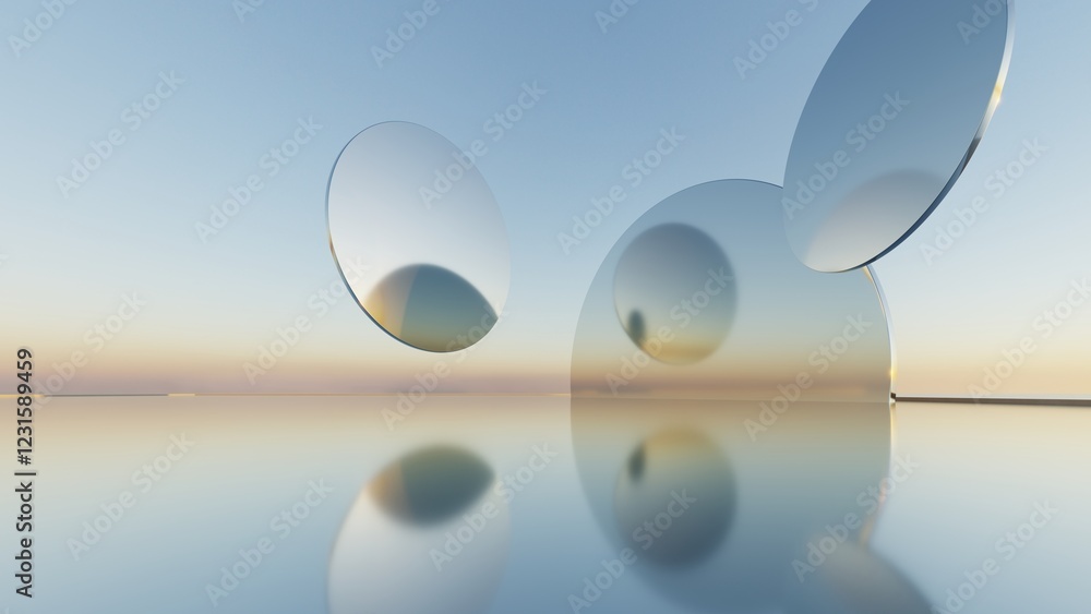 Aufkleber 3d illustration of abstract minimal architecture background, geometric architectural with chrome or metallic arch design