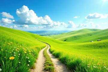 Fototapeta premium Serene Pastoral Vista A Winding Dirt Road Through Lush Green Meadows and Rolling Hills Under a Bright Sunny Sky with Puffy White Clouds