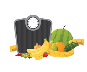 Healthy lifestyle desigh with scale and fruits stock illustration