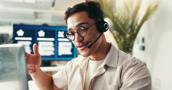 Consultant, telemarketing and man with customer service, communication and crm with headset. IT person, feedback or agent with call center, professional or tech support for internet administration