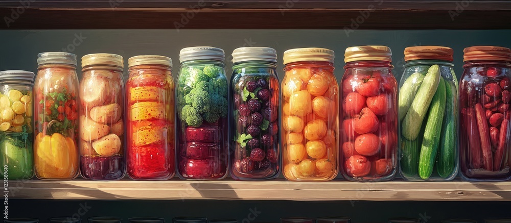 Poster assorted jars of vibrant canned vegetables and fruit jams arranged neatly on a wooden shelf showcasi