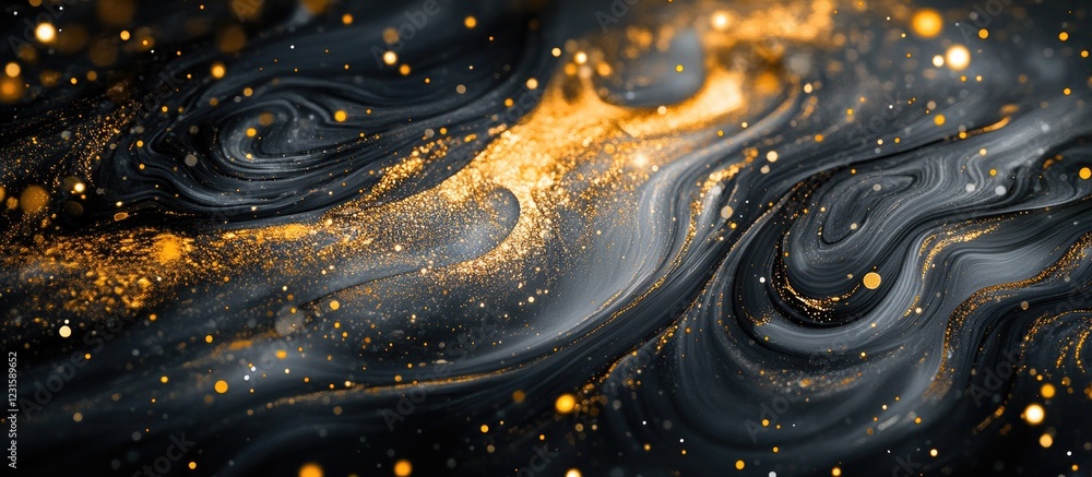 Poster abstract fluid art design featuring shimmering silver and gold marbling on a dark background, ideal 