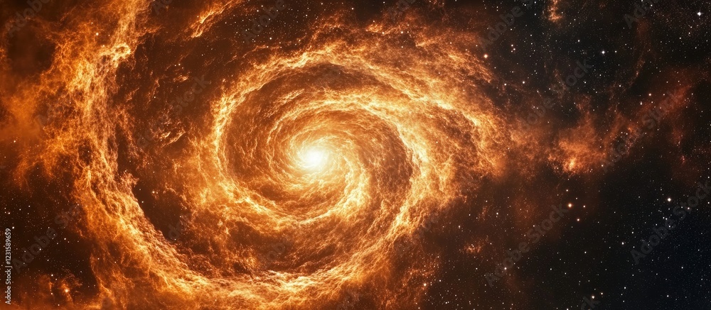 Poster vibrant swirling orange nebula with a luminous center against a starry black background creating a m