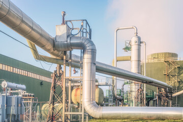 Geothermal energy. Pipelines of a plant in Larderello, Tuscany region, Italy
