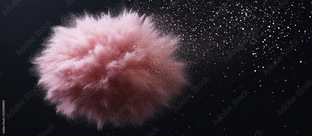 Poster Fluffy pink cloud with scattered glitter particles on a dark background, creating a dreamy and ethereal atmosphere in the image.